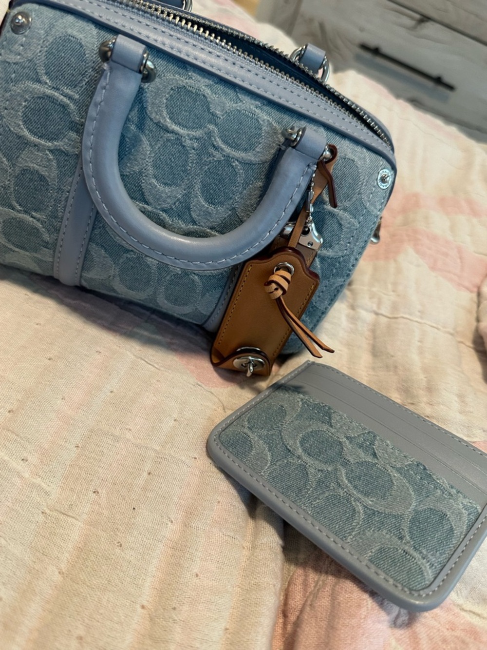 Coach Light Blue Denim Logo Satchel with Tan Tag - Picture 2 of 4